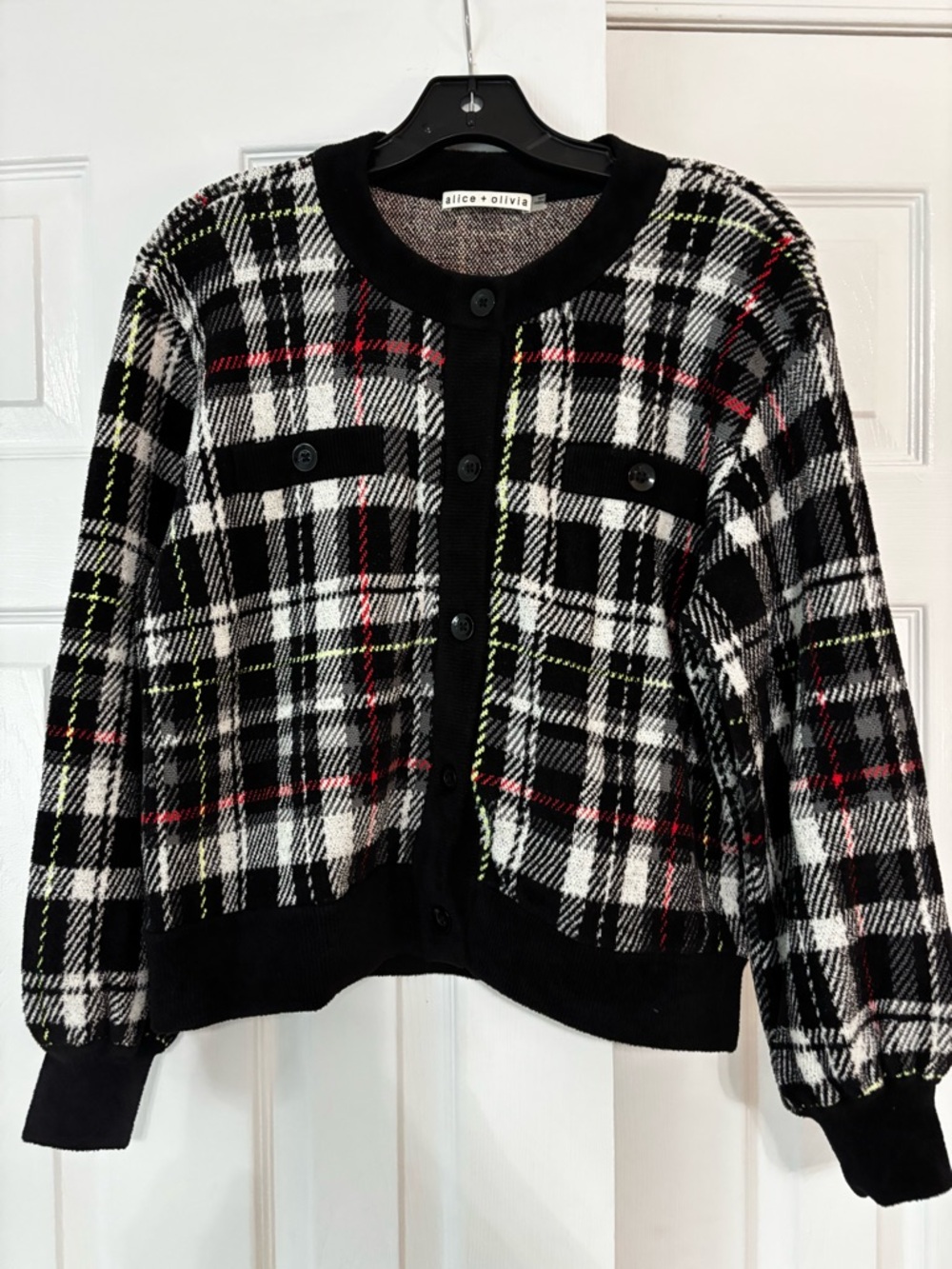 alice + olivia Black & White Plaid Button Cardigan sweater womens size s